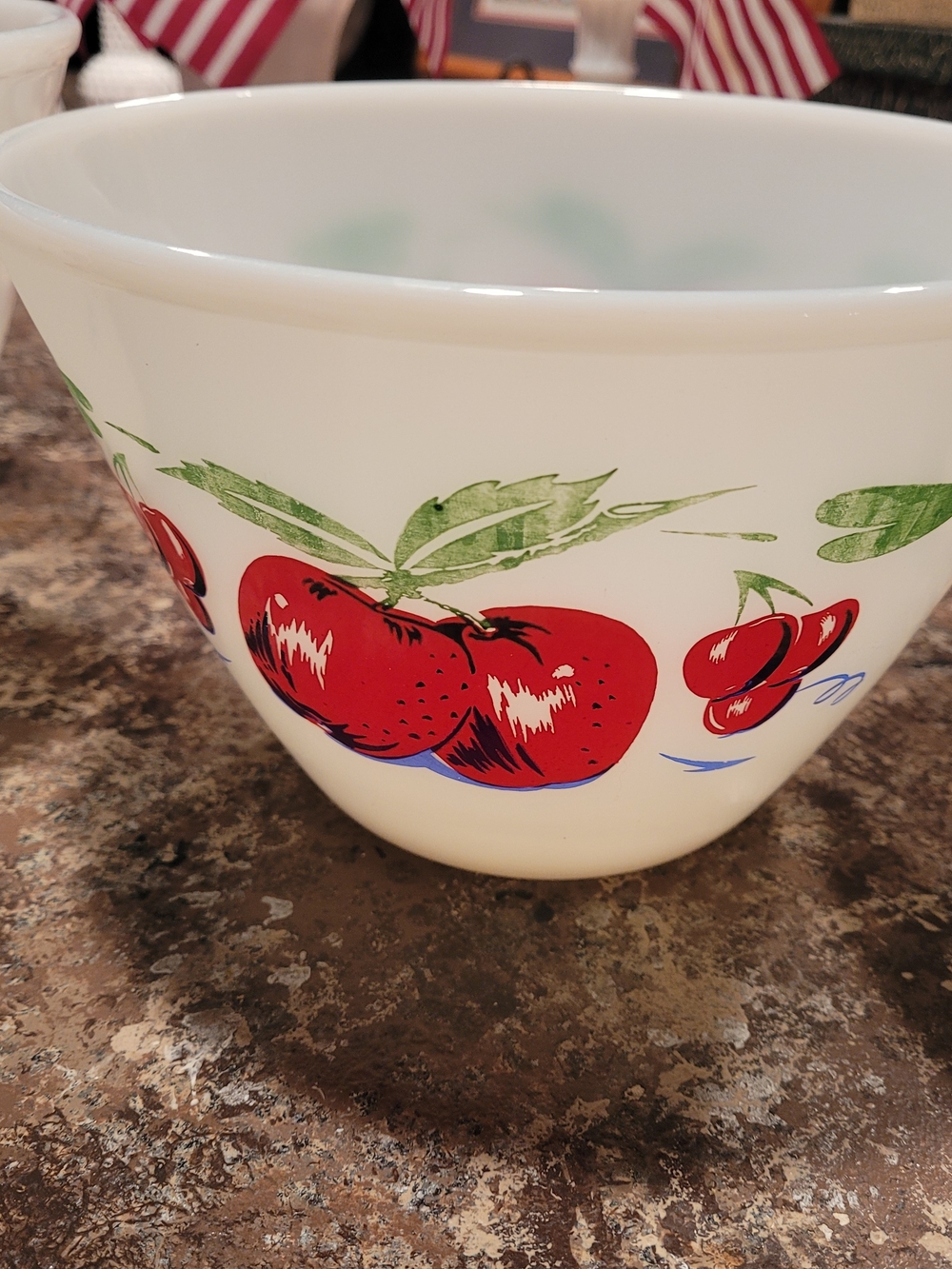 vintage Fire-King "Apples and Cherries" Milk Glass mixing bowls. Set Of 3. - Picture 8 of 16